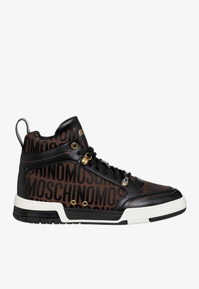 Shop Moschino All-over Jacquard Logo High-top Sneakers In Brown