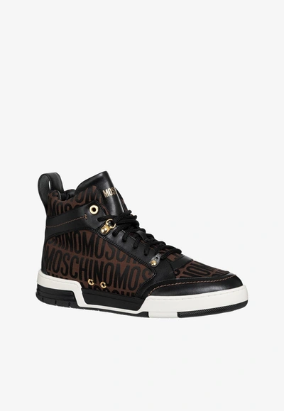 Shop Moschino All-over Jacquard Logo High-top Sneakers In Brown