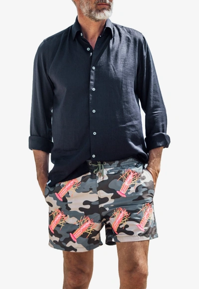 Shop Les Canebiers All-over Lobster Swim Shorts In Camo Blue