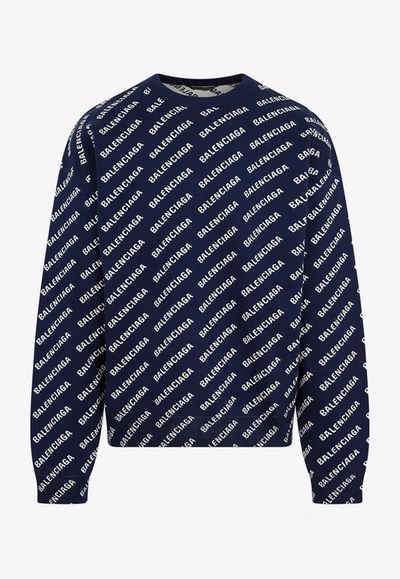 Shop Balenciaga All-over Logo Crewneck Sweater In Navy