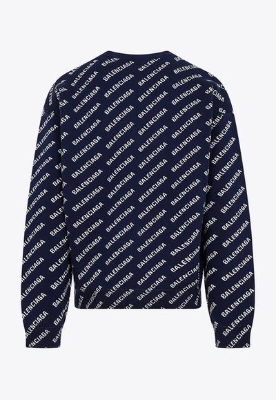 Shop Balenciaga All-over Logo Crewneck Sweater In Navy