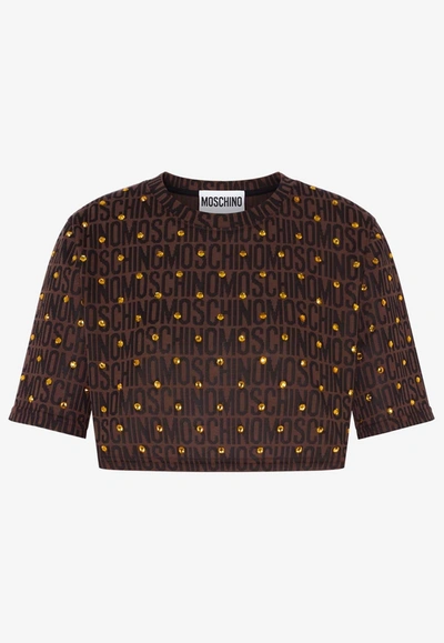 Shop Moschino All-over Logo Cropped T-shirt With Rhinestones In Brown