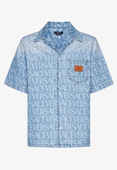 Shop Versace All-over Logo Denim Shirt In Blue
