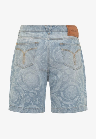 Shop Versace All-over Logo Denim Shorts In Blue