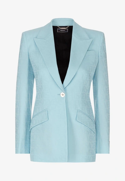 Shop Versace All-over Logo Jacquard Single-breasted Blazer In Blue