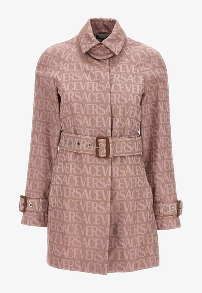 Shop Versace All-over Logo Jacquard Trench Coat In Pink