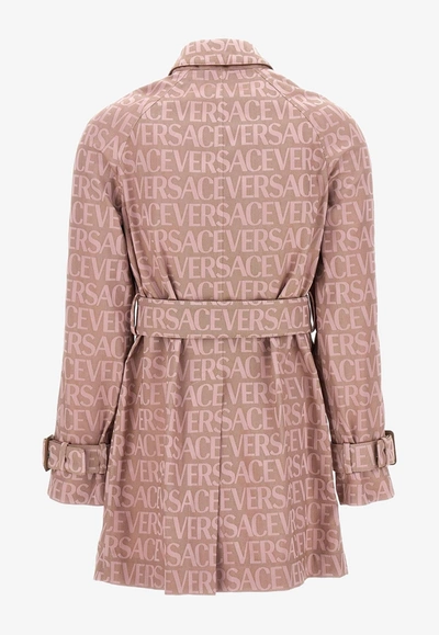 Versace Belted Leather-trimmed Canvas-jacquard Trench Coat In Pink