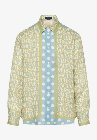 Shop Versace All-over Logo Long-sleeved Linen Shirt In Multicolor