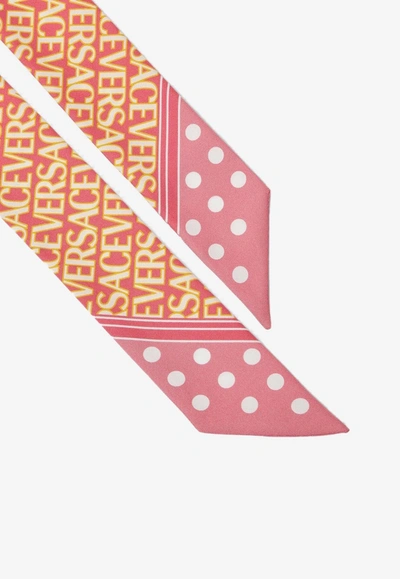 Shop Versace All-over Logo Print Silk Scarf Tie In Pink