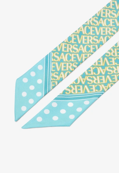 Shop Versace All-over Logo Print Silk Scarf Tie In Blue