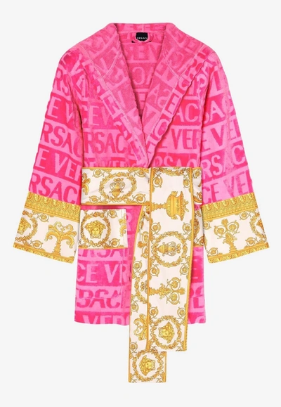 Versace I Heart Baroque Short Hooded Bath Robe In Pink