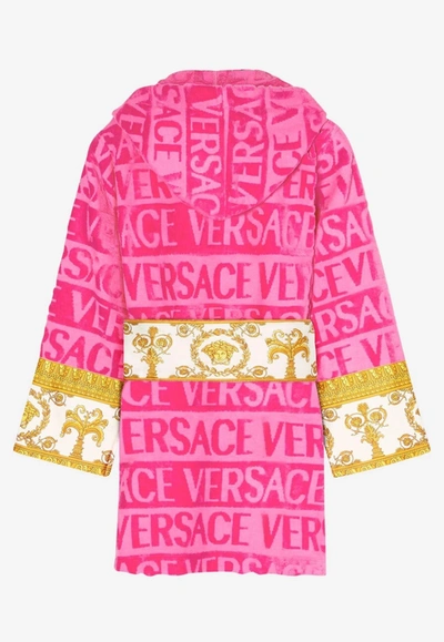 Shop Versace All-over Logo Short Bathrobe In Pink
