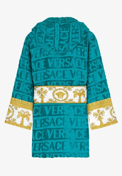 Versace All-over Logo Short Bathrobe In Blue