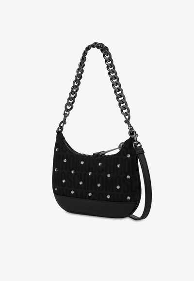 Shop Moschino All-over Logo Shoulder Bag With Rhinestones In Black