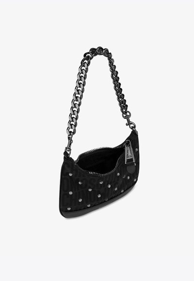 Shop Moschino All-over Logo Shoulder Bag With Rhinestones In Black