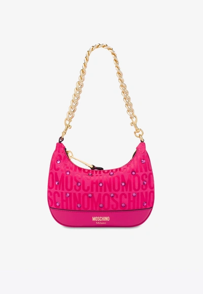 Shop Moschino All-over Logo Shoulder Bag With Rhinestones In Hot Pink