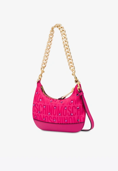 Shop Moschino All-over Logo Shoulder Bag With Rhinestones In Hot Pink
