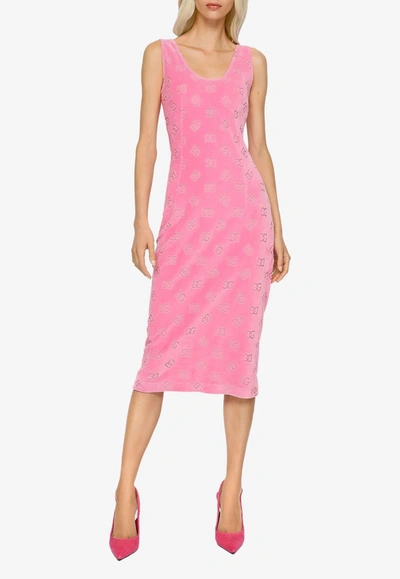Shop Dolce & Gabbana All-over Logo Sleeveless Jersey Midi Dress In Pink