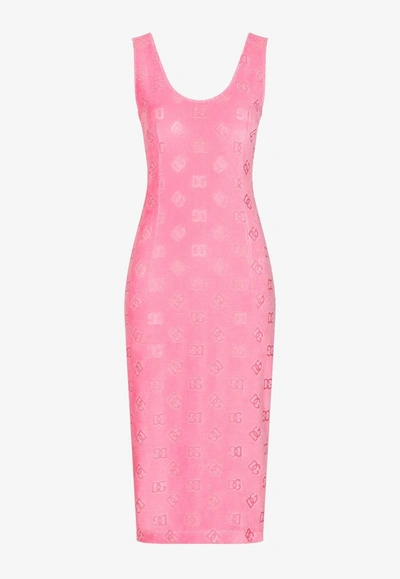 Shop Dolce & Gabbana All-over Logo Sleeveless Jersey Midi Dress In Pink