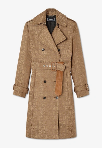 Shop Versace All-over Logo Trench Coat In Brown