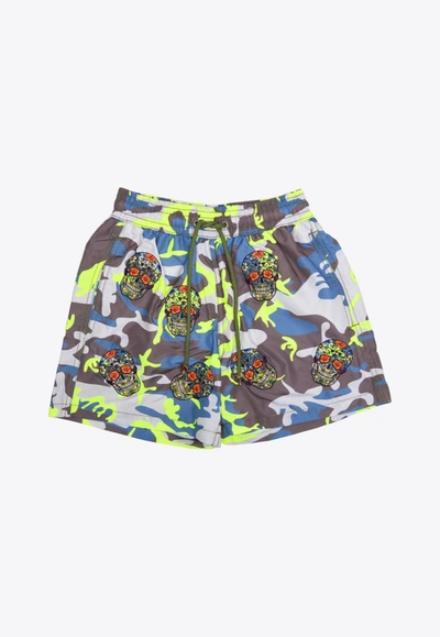 Shop Les Canebiers All-over Mexican Head Swim Shorts In Camo Yellow In Multicolor