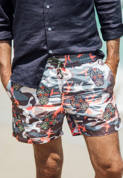 Shop Les Canebiers All-over Mexican Heads Camo Swim Shorts In Navy Orange In Multicolor