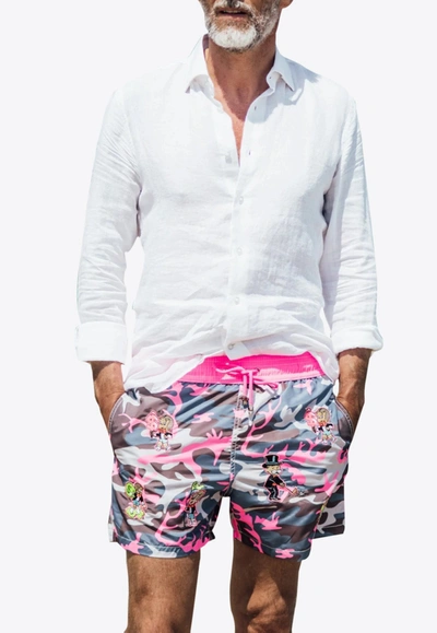 Shop Les Canebiers All-over Monopoly Embroidered Camo Swim Shorts In Multicolor