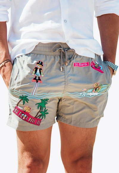 Shop Les Canebiers All-over Saint-barth Embroidered Swim Shorts In Gray