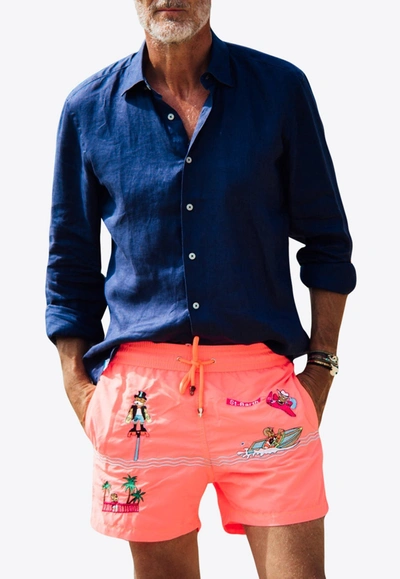 Shop Les Canebiers All-over Saint-barth Embroidered Swim Shorts In Orange