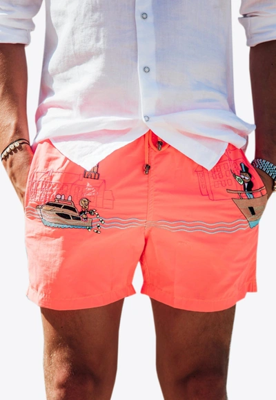 Shop Les Canebiers All-over Saint-tropez Embroidered Swim Shorts In Orange