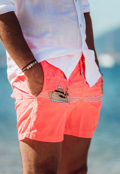 Shop Les Canebiers All-over Saint-tropez Embroidered Swim Shorts In Orange