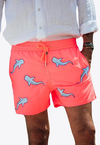 Shop Les Canebiers All-over Shark Embroidery Swim Shorts In Orange