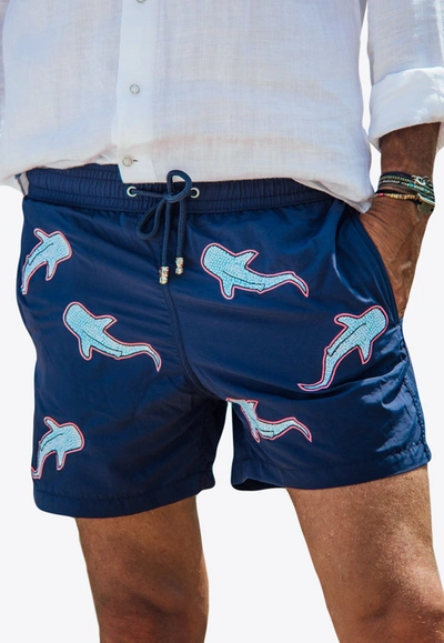 Shop Les Canebiers All-over Shark Embroidery Swim Shorts In Navy