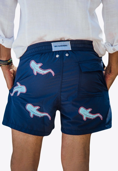 Shop Les Canebiers All-over Shark Embroidery Swim Shorts In Navy
