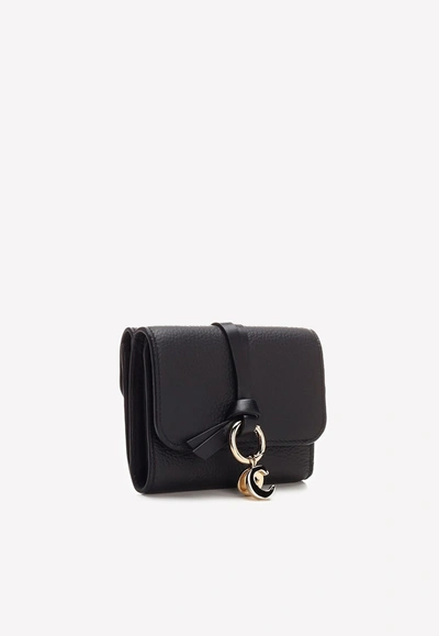 Shop Chloé Alphabet Tri-fold Compact Wallet With Grained Leather In Black