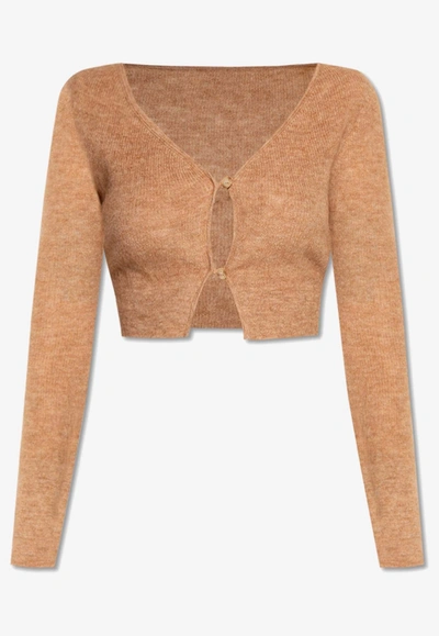 Shop Jacquemus Alzou Cropped Mohair Cardigan In Brown