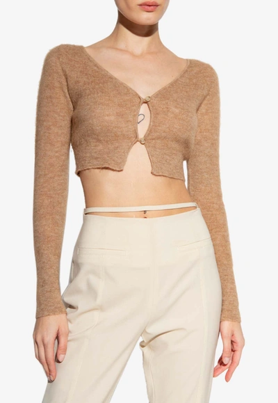 Shop Jacquemus Alzou Cropped Mohair Cardigan In Brown