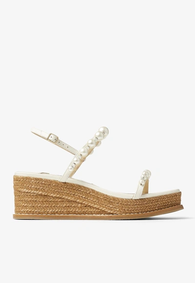 Shop Jimmy Choo Amatuus 60 Pearls And Crystal Wedge Sandals In Latte