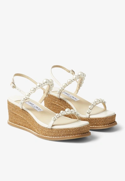 Shop Jimmy Choo Amatuus 60 Pearls And Crystal Wedge Sandals In Latte