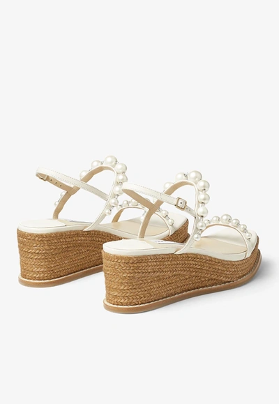 Shop Jimmy Choo Amatuus 60 Pearls And Crystal Wedge Sandals In Latte