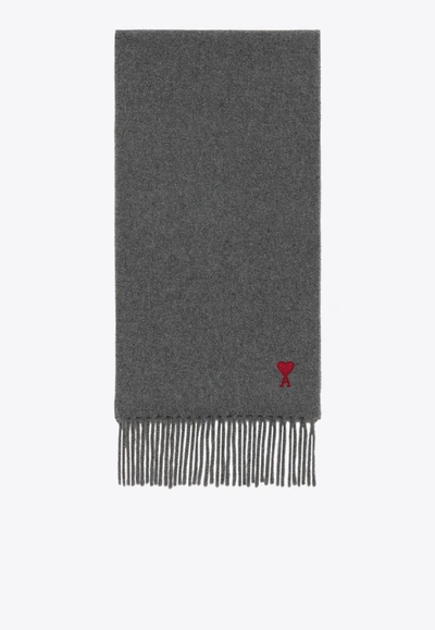 Shop Ami Alexandre Mattiussi Ami De Coeur Fringed Wool Scarf In Gray