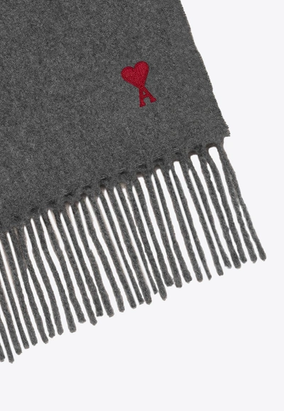 Shop Ami Alexandre Mattiussi Ami De Coeur Fringed Wool Scarf In Gray