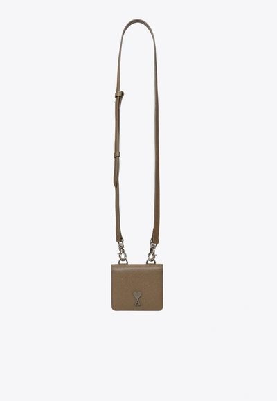 Shop Ami Alexandre Mattiussi Ami De Coeur Grained Leather Cardholder With Strap In Taupe