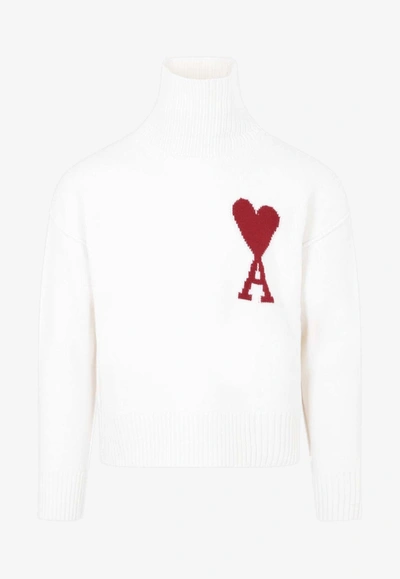 Shop Ami Alexandre Mattiussi Ami De Coeur High-neck Wool Sweater In White