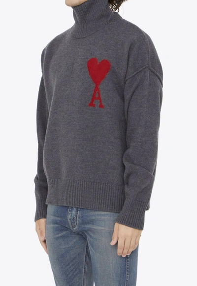 Shop Ami Alexandre Mattiussi Ami De Coeur Turtleneck Wool Sweater In Gray