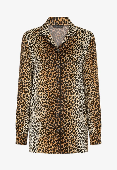 Shop Dolce & Gabbana Animal Print Pajama Shirt In Silk In Multicolor