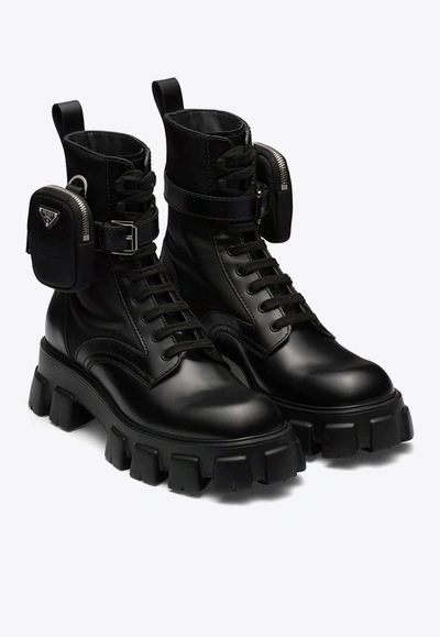 Shop Prada Ankle Lace-up Boots With Pouch In Black