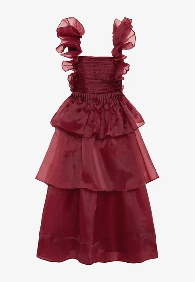 Shop Aje Asra Pleated Frill Midi Dress In Wine