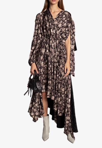 Shop Balenciaga Asymmetric Floral Midi Dress In Brown