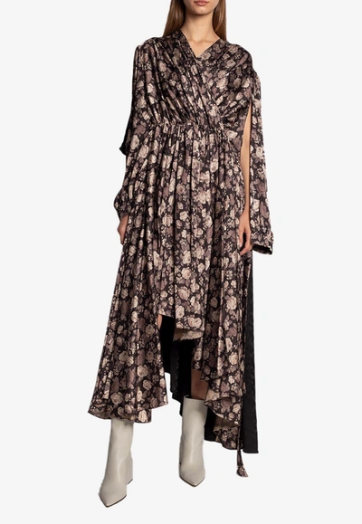 Shop Balenciaga Asymmetric Floral Midi Dress In Brown